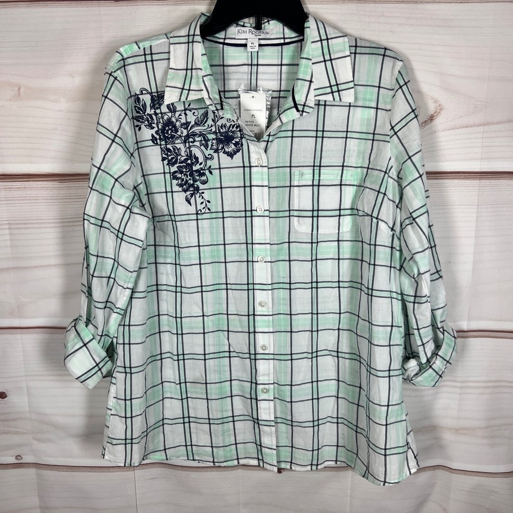 Kim Rogers Button Up Shirt Womens PL White Green Plaid Floral Graphic Cotton
